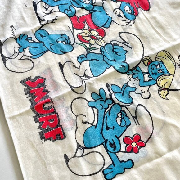 Vintage 1980s Smurf Sheet Set w Fitted Bottom + Flat Top + Pillowcase Peyo Retro - Picture 6 of 14